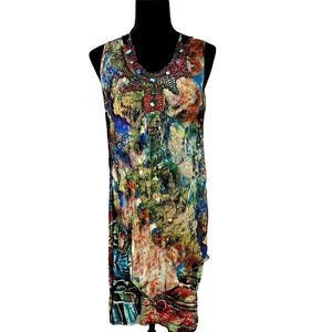 Klozlyne M Shift Dress Art to Wear Multicolor Abscract‎ Crochet Beaded Neck